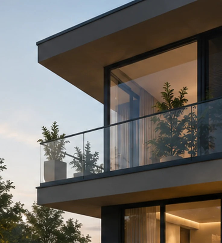 Fachada de casa moderna com varanda de vidro ao entardecer