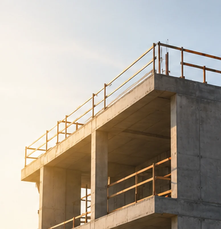 Estrutura de concreto de um prédio em construção ao pôr do sol